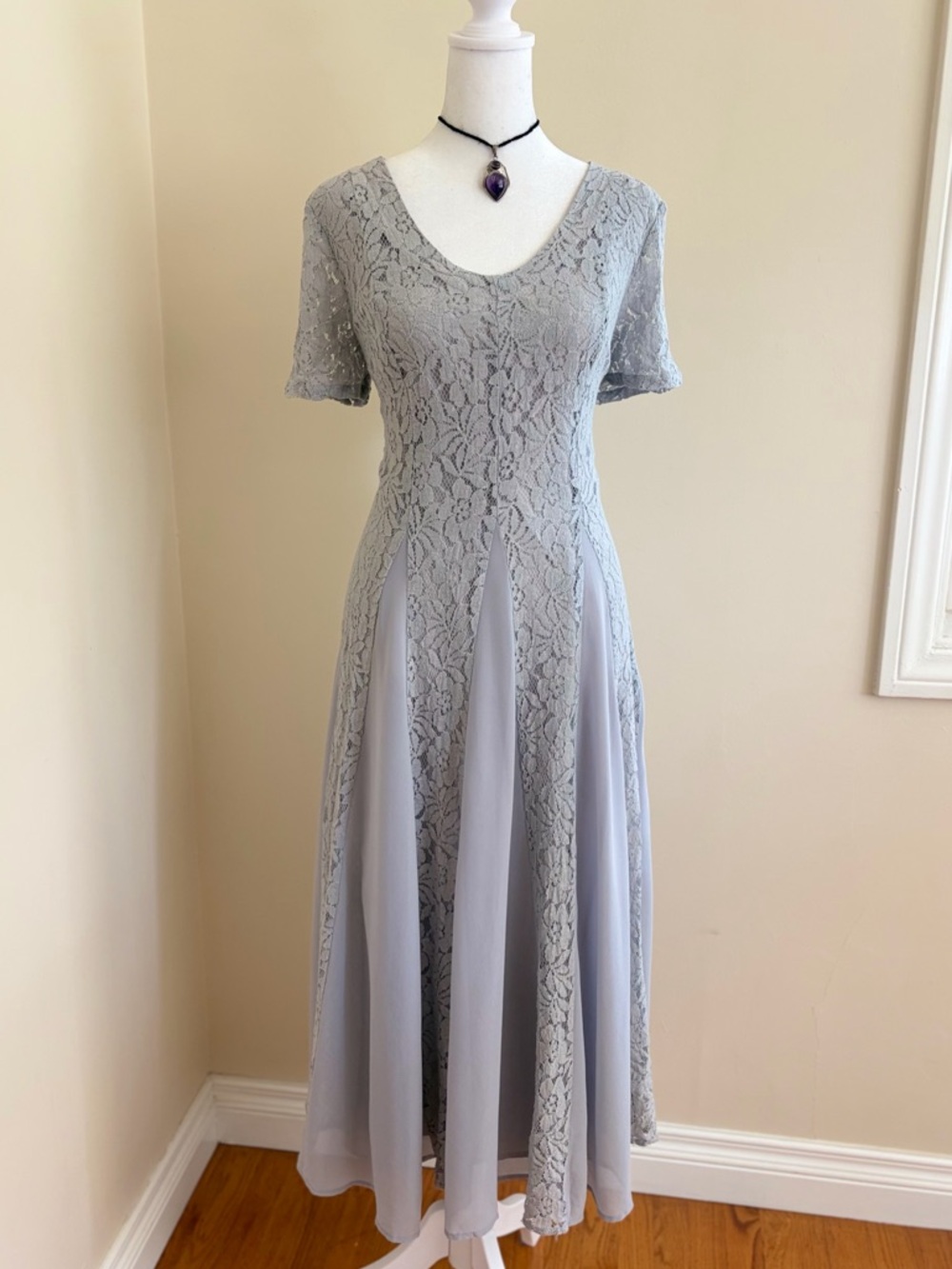 Vintage 90s whimsygoth fairy sheer floral lace gray maxi dress boho formal M-L